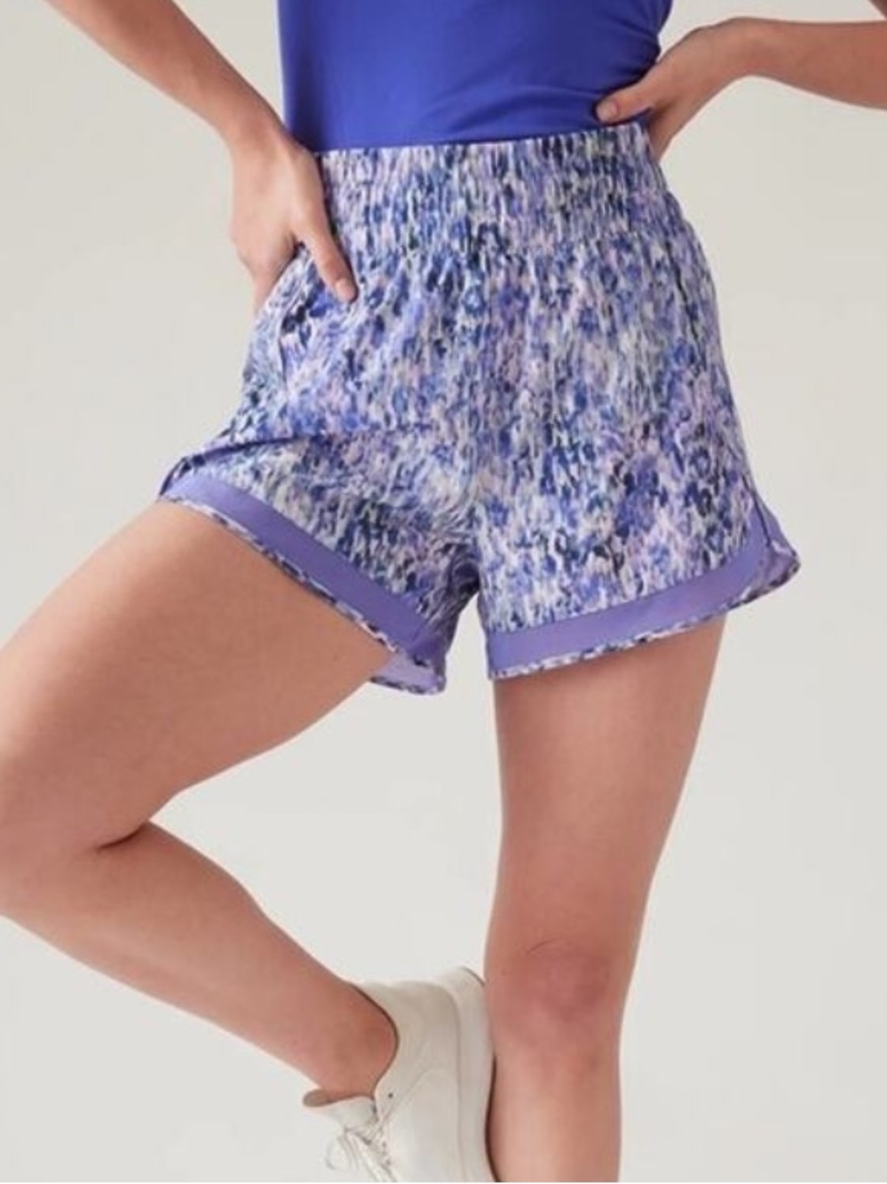 Athleta High Rise Mesh Racer Run 3" Short Purple Blue Watercolor Floral Sz M